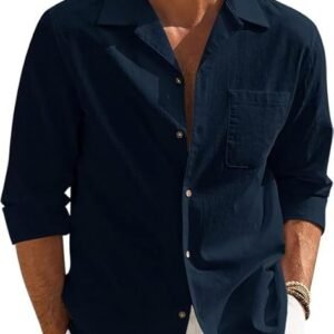 Men’s Casual Cotton Blend Shirt || Long Sleeve Button Down with Spread Collar | Lightweight Breathable Fabric | Stylish Solid Shirt for Beach, Office & Everyday Wear