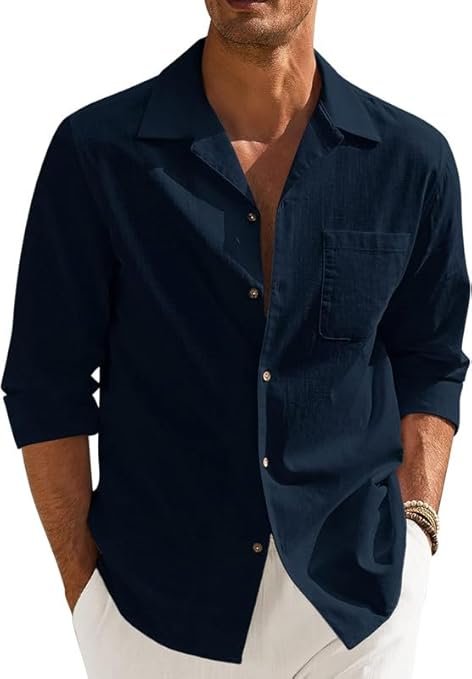 Men’s Casual Cotton Blend Shirt || Long Sleeve Button Down with Spread Collar | Lightweight Breathable Fabric | Stylish Solid Shirt for Beach, Office & Everyday Wear