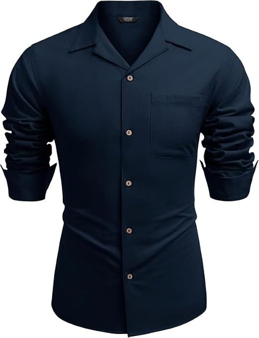 Men’s Casual Cotton Blend Shirt || Long Sleeve Button Down with Spread Collar | Lightweight Breathable Fabric | Stylish Solid Shirt for Beach, Office & Everyday Wear