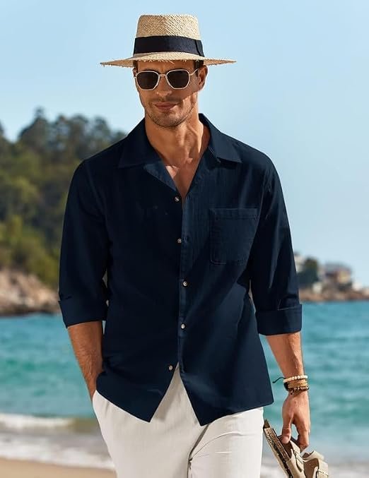 Men’s Casual Cotton Blend Shirt || Long Sleeve Button Down with Spread Collar | Lightweight Breathable Fabric | Stylish Solid Shirt for Beach, Office & Everyday Wear