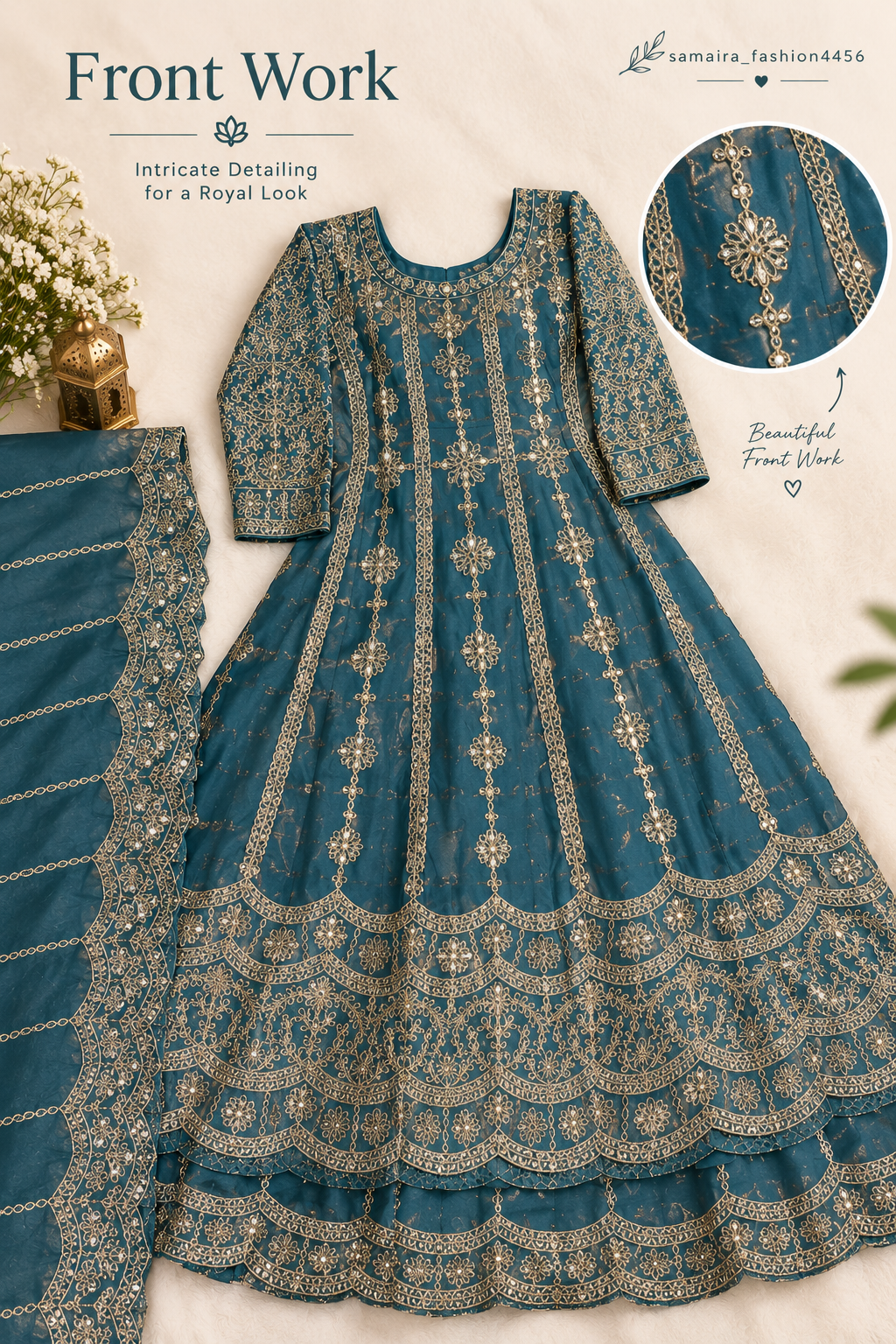 Women’s Embellished Thigh-Length Frock Palazzo Dupatta Set